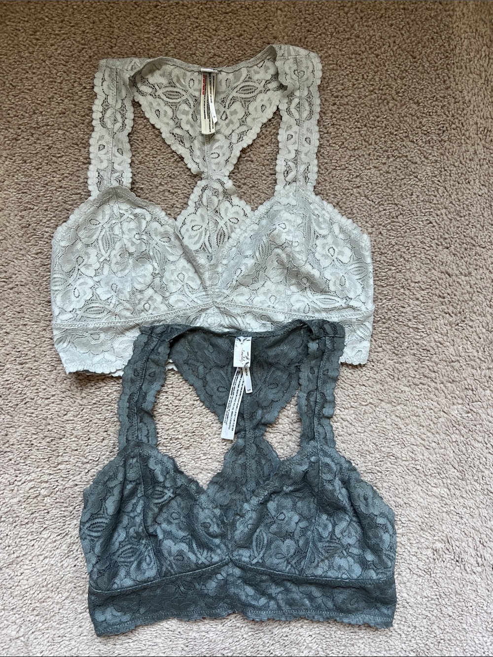 Free People Lace Racerback Bralettes — Silver & Charcoal Gray